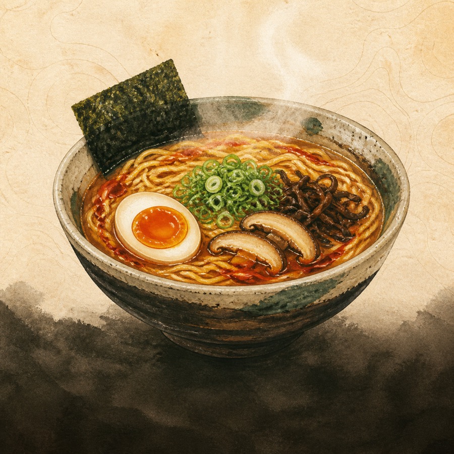 Editorial illustration of a steaming ramen bowl with egg, scallions, nori and mushrooms
